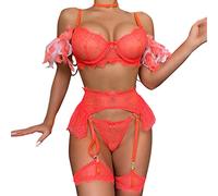 Shffuw Lingerie Sexy Donna Abbigliamento Sexy Donna Hot Biancheria Intima da 6 Pezzi con Catena in Metallo con Pizzo Staccabile in Piume Tinta Unita Lingerie Sexyy Completini Intimi da B XL