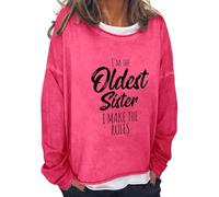 Shffuw Maglioncino Donna Maglioni Donna Primaverili Stampa Divertente da I M The Oldest Sister I Make The Casual Loose Round Neck T-Shirt A Maniche Lunghe Vestiti Autunnali Hot Pink XXL