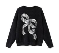 Shffuw Maglione Donna Lana Merinoslupetto Bianco Donna Small Perfume Style Bow Plush Knit Lazy Round Neck Sweater Knit Sweater Short Loose New Models Bow Pullover Cashmere Donnamaglione Black XL