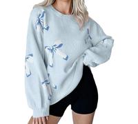 Shffuw Maglione Donna Lungodonna Abbigliamento Saldi Womens Oversized Cute Bow Tie Sweater Fall 2025 Cozy Chunky Ribbed Knit Crewneck Long Sleeve Pullover Maglioni da Light Blue L