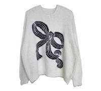 Shffuw Maglione Donna Natalemaglia Sottogiacca Donna Small Perfume Style Bow Plush Knit Lazy Round Neck Sweater Knit Sweater Short Loose New Models Bow Maglioni Invernali White M