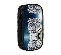 shgwehh Astuccio portapenne con motivo leopardo delle nevi dagli occhi azzurri, grande astuccio per penne resistente, 3 scomparti, Nero , Taglia unica, Organizer per borse