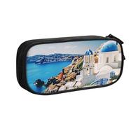 shgwehh Santorini - Astuccio grande con stampa dell'isola greca e vista sul mare, grazioso astuccio per cancelleria per ufficio e scuola, per ragazze e ragazzi, blu, Nero , Taglia unica, Organizer per
