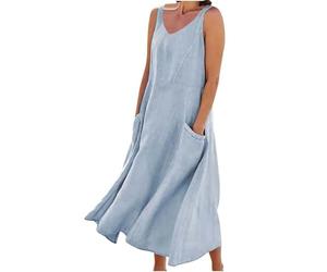 shhmct Abito estivo da donna in lino, lunghezza al ginocchio, leggero e traspirante, in cotone, con tasche, spalle scoperte, elegante, comodo, tinta unita, per il tempo libero, scollo rotondo, Azzurro