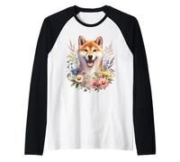 Shiba Inu Dog Summer Wildflowers Opere d'arte Maglia con Maniche Raglan