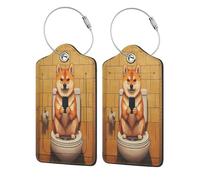 Shiba Inu - Targhetta per bagagli e valigie con cane che guarda lo smartphone, confezione da 2, in pelle, con patta per la privacy, etichetta identificativa con nome e anello in metallo, per donne e