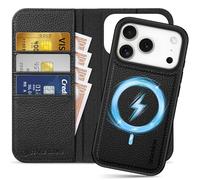 SHIELDON Cover Rimovibile Vera Pelle per iPhone 17 Pro 6,3 Pollici 5G 2025, Custodia Protettiva Magnetic con Portacarte [Blocco RFID][Copertura Totale] Leather Cover, Nero Grano Litchi