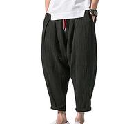 ShiFan Pantaloni di Lino Uomo Baggy Casual Pantalone Pinocchietti con Tasconi Nero L