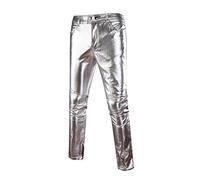 ShiFan Pantaloni in Pelle PU da Uomo Effetto Bagnato Ecopelle Slim Elasticizzati Argento L