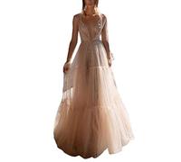 ShiFanA Scollo V Abito da Sera Paillettes Prospettiva Set in Due Pezzi Donna Lunga High-Low Chiffon Impero Albicocca M