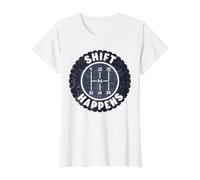 Shift Happens - Ruota per Auto e Cambio Manuale a 5 velocità, Divertente Maglietta con Stampa Grafica Economica, Donna, Bianco, L