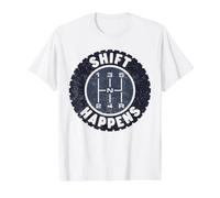 Shift Happens - Ruota per Auto e Cambio Manuale a 5 velocità, Divertente Maglietta con Stampa Grafica Economica, Uomo, Bianco, L