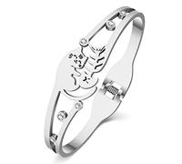 SHIGIE Bracciale rigido in acciaio inox placcato in oro 18 carati con strass a forma di gatto a lisca di pesce per donne amanti dei gattini regali, Medium, Acciaio inossidabile, Zircone sintetico