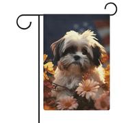 Shih Tzu Bandiera da giardino con cani e fiori, 47 x 32,6 cm, bandiere estive su entrambi i lati, decorazione per case coloniche, decorazione per cortile stagionale