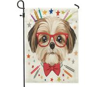 Shih Tzu - Bandiere da giardino con matite per cani, 30,5 x 45,7 cm, double face, decorazione per esterni, divertente bandiera per il rientro a scuola, per la casa, in tela, per animali domestici