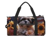 Shih Tzu Borsa da palestra con cane e fiori per uomo e donna, resistente all'acqua, borsa da viaggio leggera per sport di viaggio, bianca, taglia unica