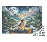 Shih Tzu - Carta resistente - San Bernardo sulla roccia nel ruscello sotto la luna piena - Puzzle - Stimolante per la mente - Antistress - 70x50cm/1000 pezzi