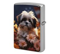 Shih Tzu Custodia per accendino tascabile con cane e fiori, custodia protettiva in metallo resistente, copertura di ricambio per accendini vintage e durevole
