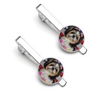 Shih Tzu Fermacravatta da uomo con cane e fiori, fermacravatta, per regali di nozze aziendali, 5,5 x 2,2 cm, 5.5x2.2cm, lega metall, Nessuna pietra preziosa