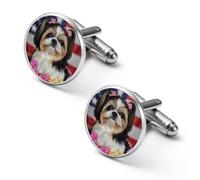 Shih Tzu - Gemelli alla moda da uomo, motivo cane e fiori, set classico per matrimoni e affari, 1.7cm, Metallo, Nessuna pietra preziosa
