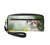 Shih Tzu Piccoli Cani Carini Cucciolo Riccio Animali Campo, Borsa per il trucco Borsa per cosmetici Borsa da viaggio portatile da toilette Astuccio in pelle per donne e ragazze