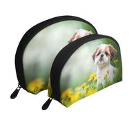 Shih Tzu Piccoli Cani Carini Cucciolo Riccio Animali Campo, Borsa per trucco a conchiglia Portamonete da donna Borsa da toilette piccola Borsa per cosmetici 2 pezzi