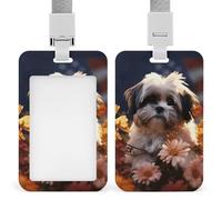 Shih Tzu - Porta badge con cane e fiori, con cordino staccabile, design impermeabile, per ufficio, posto di lavoro