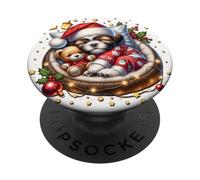 Shih Tzu Puppy In Cozy Dog Bed For Winter White Christmas PopSockets PopGrip Adesivo