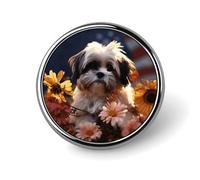 Shih Tzu - Spilla rotonda con cane e fiori, in metallo, personalizzata, adatta per abbigliamento, borse, cappelli, spilla stampata umoristica, decorazione per feste, accessori per uomini e donne