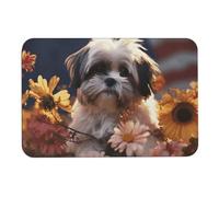 Shih Tzu - Tappetino da bagno a forma di cane e fiori, assorbe l'umidità e lo sporco, con retro in gomma antiscivolo, adatto sotto la porta, per pavimento del bagno, vasca, doccia, lavandino
