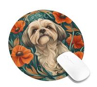 Shih Tzu - Tappetino per mouse con motivo floreale, motivo papavero arancione e foglia di tè, bordo cucito, in gomma, antiscivolo, per casa e ufficio, rotondo, 20,3 x 20,3 cm