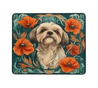Shih Tzu - Tappetino per mouse con motivo floreale, motivo papavero arancione e foglia di tè, bordo cucito, in gomma, antiscivolo, per casa e ufficio, quadrato, 20,3 x 25,4 cm