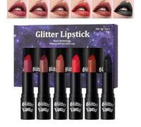 Shimmer Lipstick, Transfer-Proof Lip Gloss, 6 Pieces Waterproof Smudge-Proof Glitter Lip Color Set for Women, Wedding, Party, Dating, Halloween, Travel, Portable Design