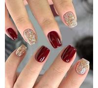 Shimmering Wine Press On Nails Con Glitters 24pcs Stili Brevi Durabilità ABS Unghie Artificiali Per Natale Evento Autunno Inverno Breve Piazza Falso Unghie
