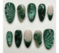 Shimmerz 24 Pezzi Adesivi per Unghie a Mandorla Verde Gel, Design a Onda Verde 3D Occhi di Gatto Francese, Riutilizzabili in Acrilico, Giungla Urbana con Stelle 3D per Donne