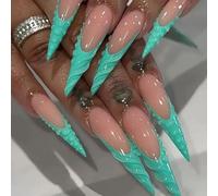 Shimmerz 24 pezzi Adesivi per unghie lunghe Stiletto Punta francese Unghie finte Blu con motivi Adesivi per unghie extra lunghi