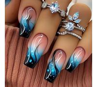 Shimmerz 24 pezzi di unghie acriliche fiamma blu ombre press-on lunghezza media forma da balletto unghie finte per donne manicure primavera estate