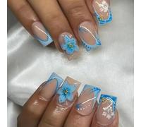 Shimmerz 24 pezzi unghie finte blu con fiori, unghie finte a punta francese con pietre dorate, per la stagione primavera e estate