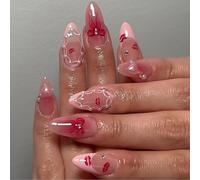 Shimmerz 24 pezzi unghie finte rosa con impronta di labbra e cuori 3D e fiocchi con decorazione a punta unghie a mandorla lucide