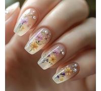 Shimmerz 24 pezzi unghie stampate a fiori corte forma a bara unghie finte primaverili unghie in acrilico con perline incantevoli unghie dolci per donne set manicure