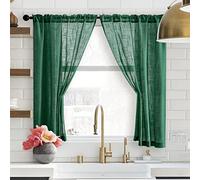 SHINELAND - Tende corte per finestre di cucina, in finto lino, semi velate, piccole tende per la decorazione del bagno, set di 2 pannelli 121,9 cm di lunghezza, verde smeraldo scuro