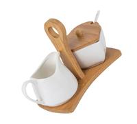 SHINEOFI Zuccheriera e Lattiera in Ceramica Bianca con Vassoio e Cucchiaio Manico in Bamboo Contenitori per Conservazione Zucchero e Panna per Cucina Elegante e Regalo per Amici