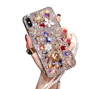 Shinetop Luxury 3D Diamond Bling Glitter Sparkle Crystal Strass Cover Fashion Bear Flower Design Soft TPU Protective Case for iPhone XS Max (2018) 6.5" with Pearl Lanyard-Clear
