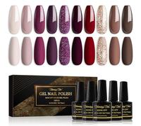 Shining She Smalto Semipermanente, 10 Colori Beige Rosso Scuro Marrone Viola Scuro Oro Glitter, Unghie, Smalti per Unghie Gel UV/LED, Autunno e Inverno Manicure Art, 8ML