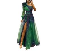 SHINROAD Abito da sera stampato da donna con decorazione floreale 3d una spalla pieghettata in rete per banchetto singolo manica lunga sottile vita a trapezio, Atrovirens, L
