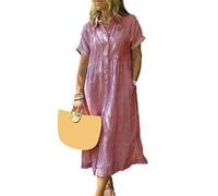 SHINROAD Camicetta con risvolto dentellato Camicia con abbottonatura a righe tasche verso il basso casual manica corta A-line turno lungo per le donne estate, Rosso, XL