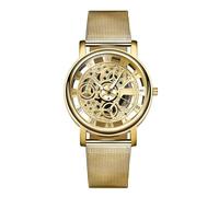 SHINROAD Orologio con movimento al quarzo, quadrante scheletrato, unisex, scava fuori imitazione meccanica tinta unita inossidabile di lusso preciso tempo rotondo, dorato, Stile del quadrante