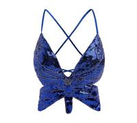 SHINROAD Reggiseno a forma di farfalla Top leggero da donna con scollo all'americana senza maniche lucido paillettes backless forma spaghetti Strap Cross Back Low Cut V Disco Performance, Blu reale,