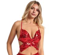 SHINROAD Reggiseno a forma di farfalla Top leggero da donna con scollo all'americana senza maniche lucido paillettes backless forma spaghetti Strap Cross Back Low Cut V Disco Performance, Rosso,