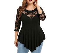 SHINROAD Signora Top Plus Size Pizzo Cuciture Squisite Donne Casual Tre Quarti Manica Camicetta da Donna per Abbigliamento Quotidiano Nero XL